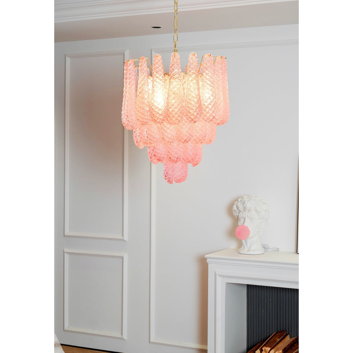 Veliena Kronleuchter Rosa Tropfen Murano-Glas Diamantmuster Wasserfall