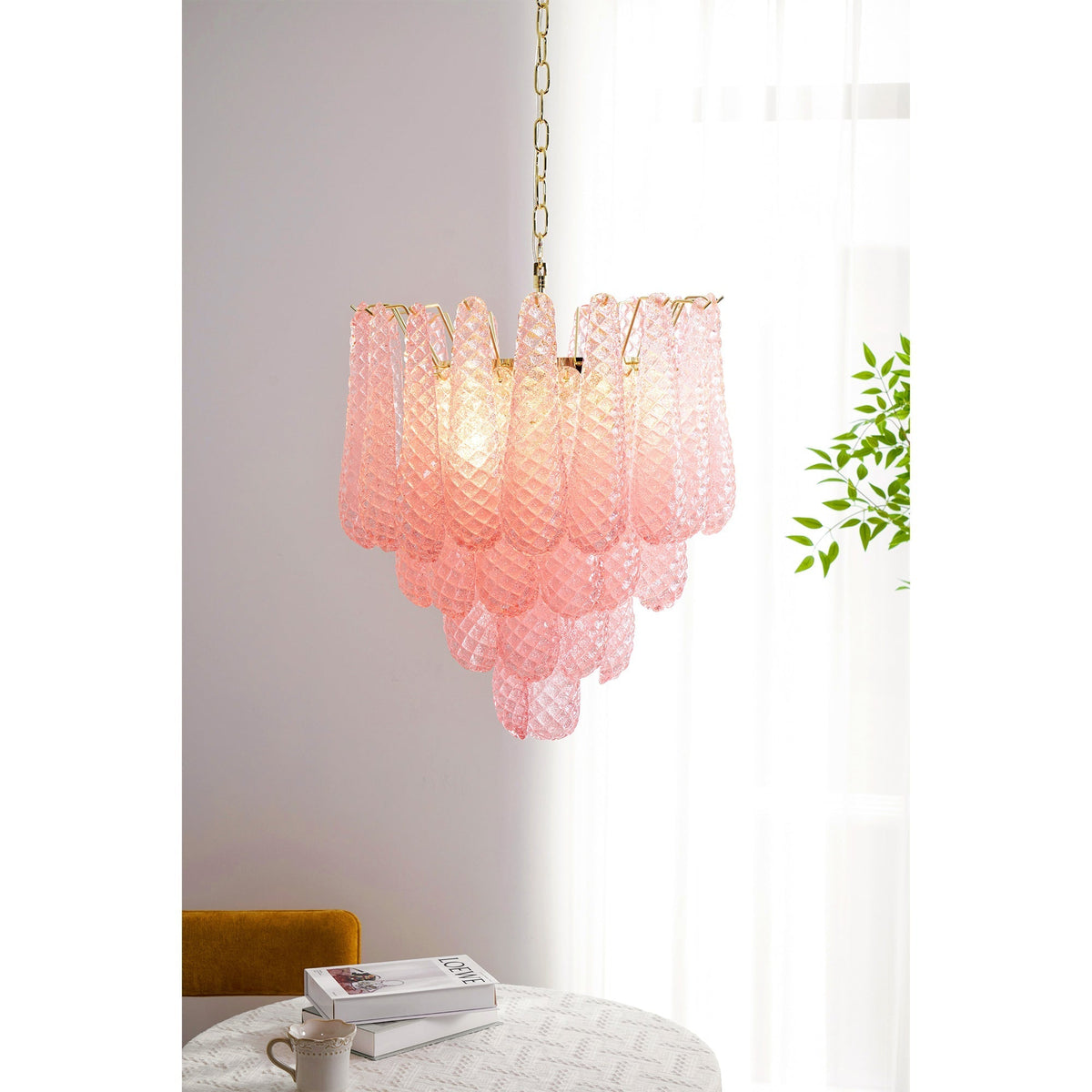 Veliena Kronleuchter Rosa Tropfen Murano-Glas Diamantmuster Wasserfall