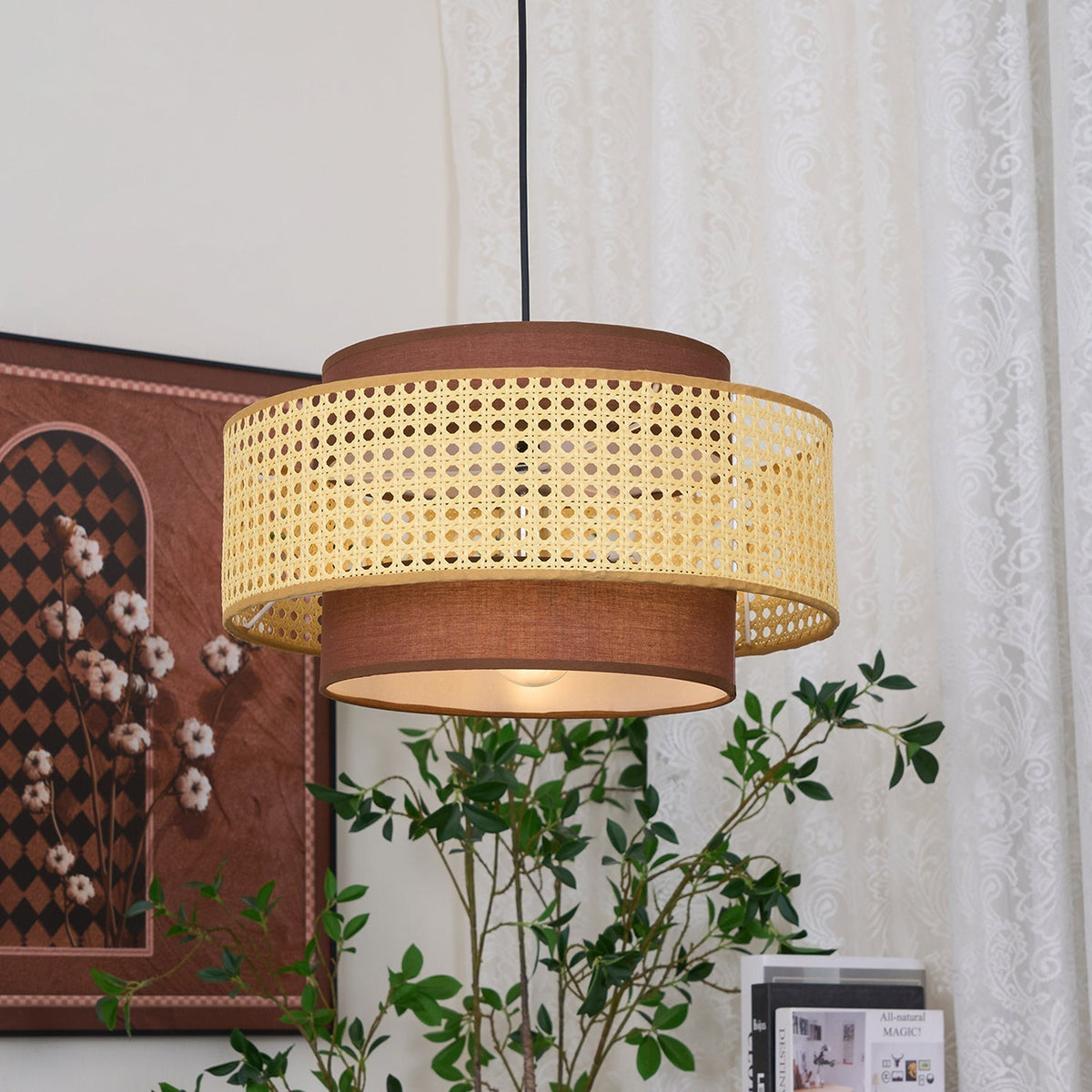 Zerither Rattan-Stoff-Pendelleuchte