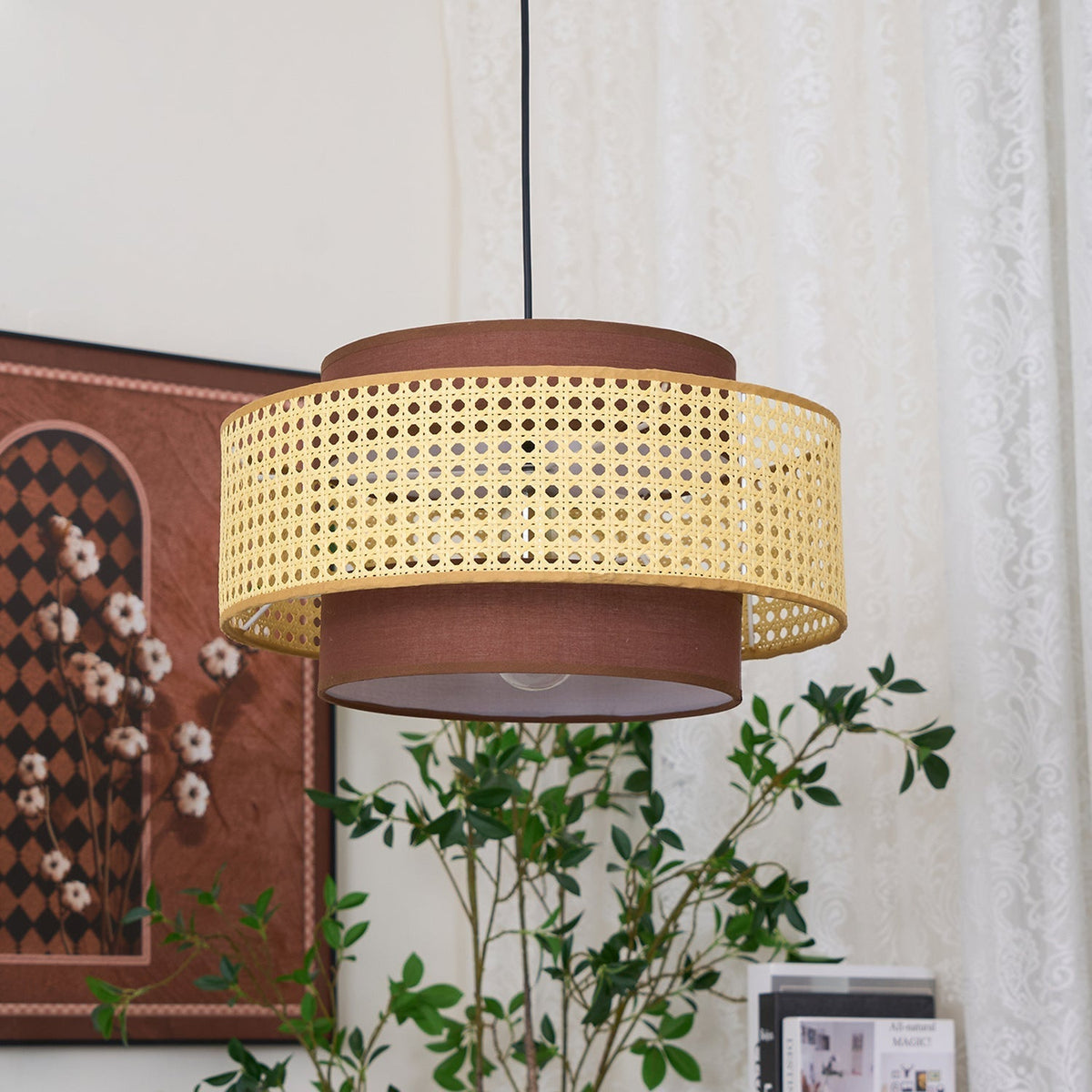 Zerither Rattan-Stoff-Pendelleuchte