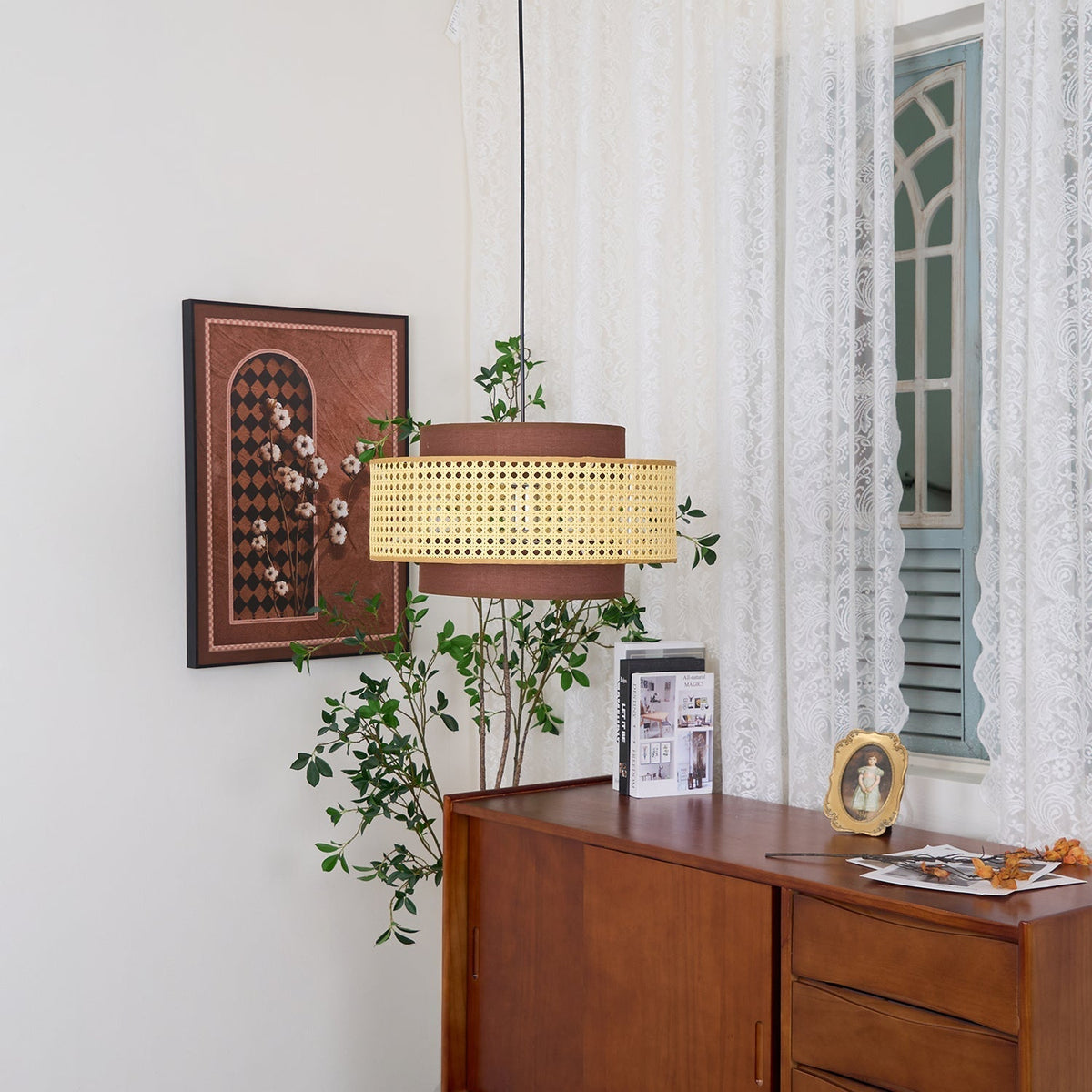 Zerither Rattan-Stoff-Pendelleuchte