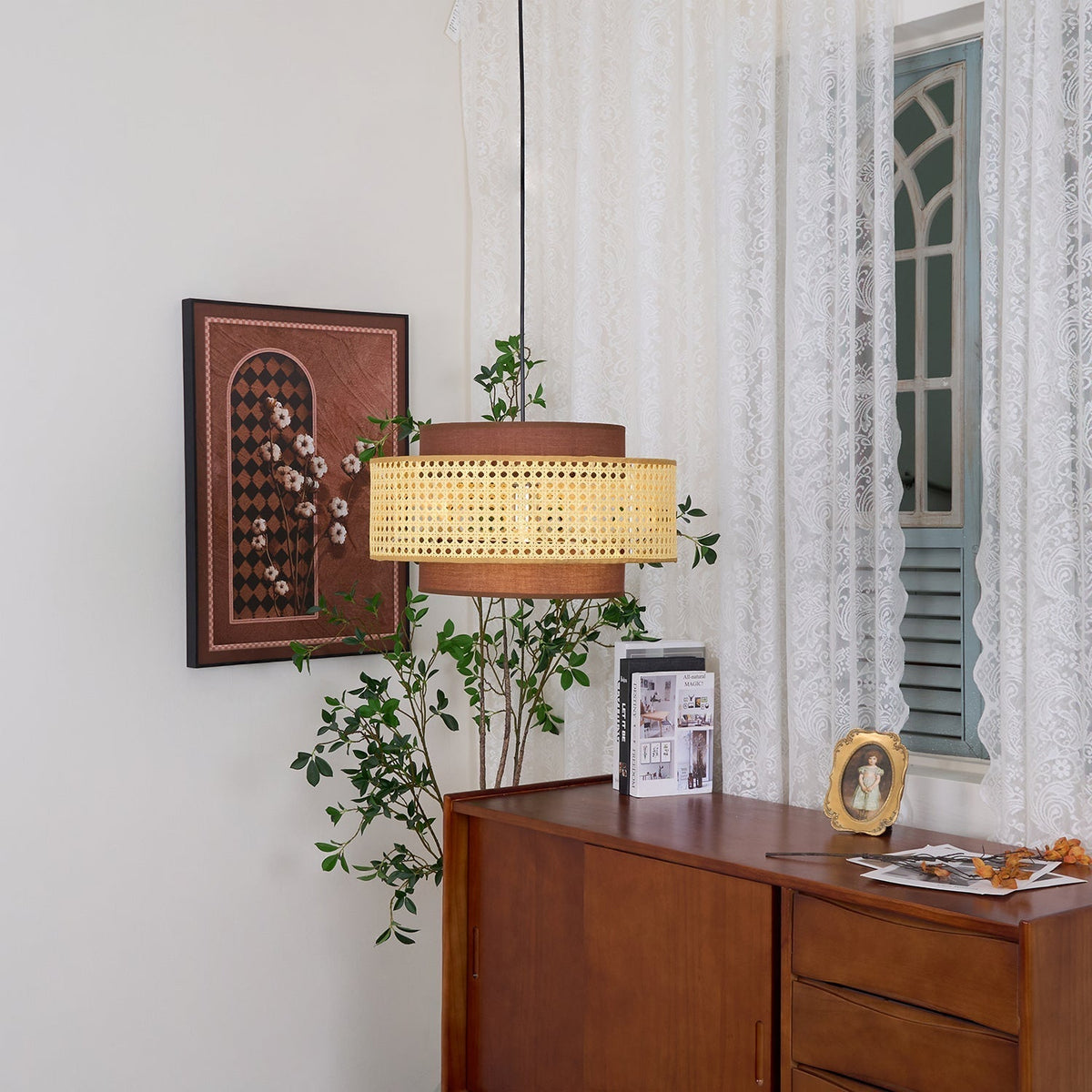Zerither Rattan-Stoff-Pendelleuchte