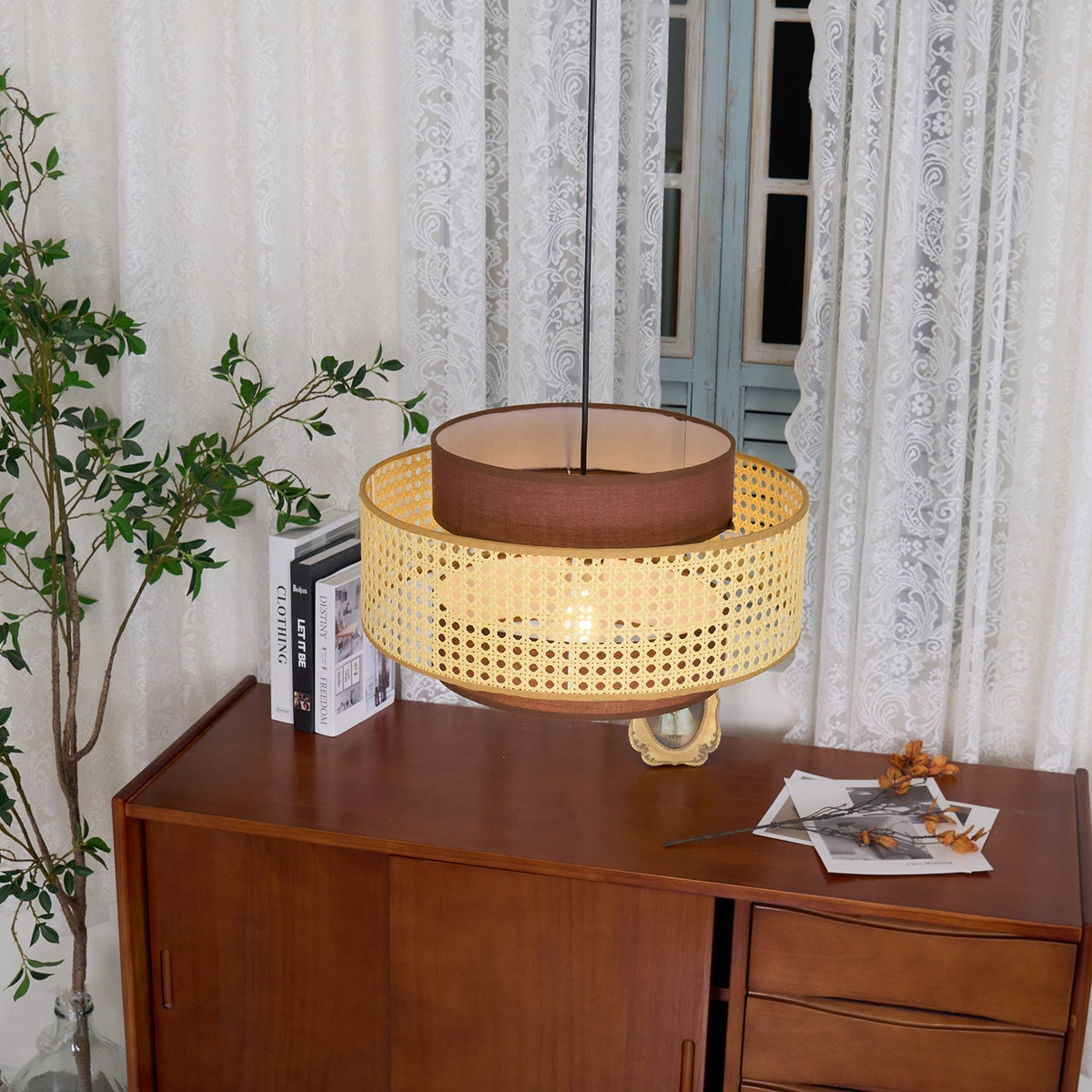 Zerither Rattan-Stoff-Pendelleuchte