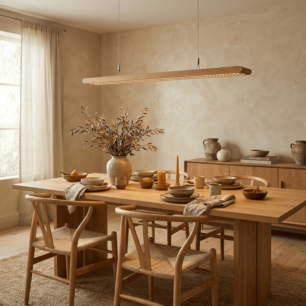 Dual lineare Pendelleuchte aus Holz mit Lamellen