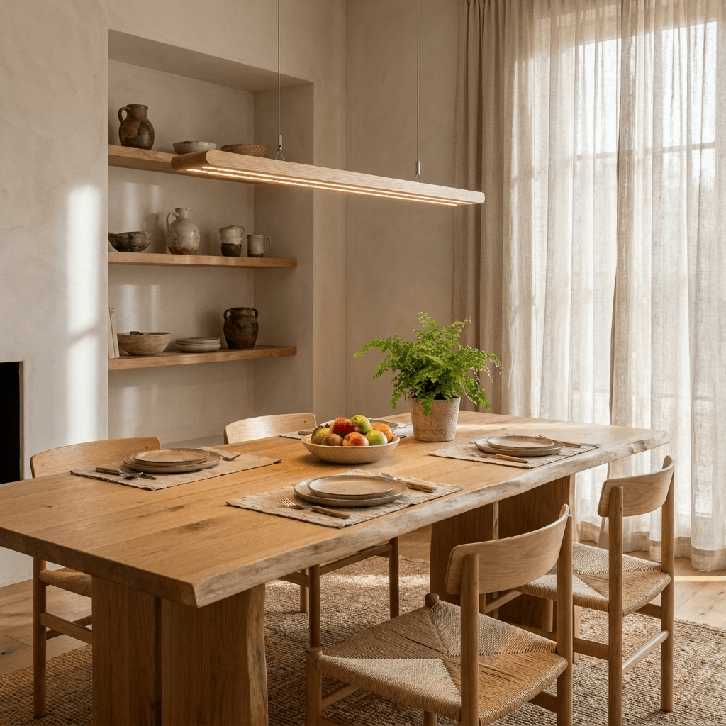 Dual lineare Pendelleuchte aus Holz mit Lamellen