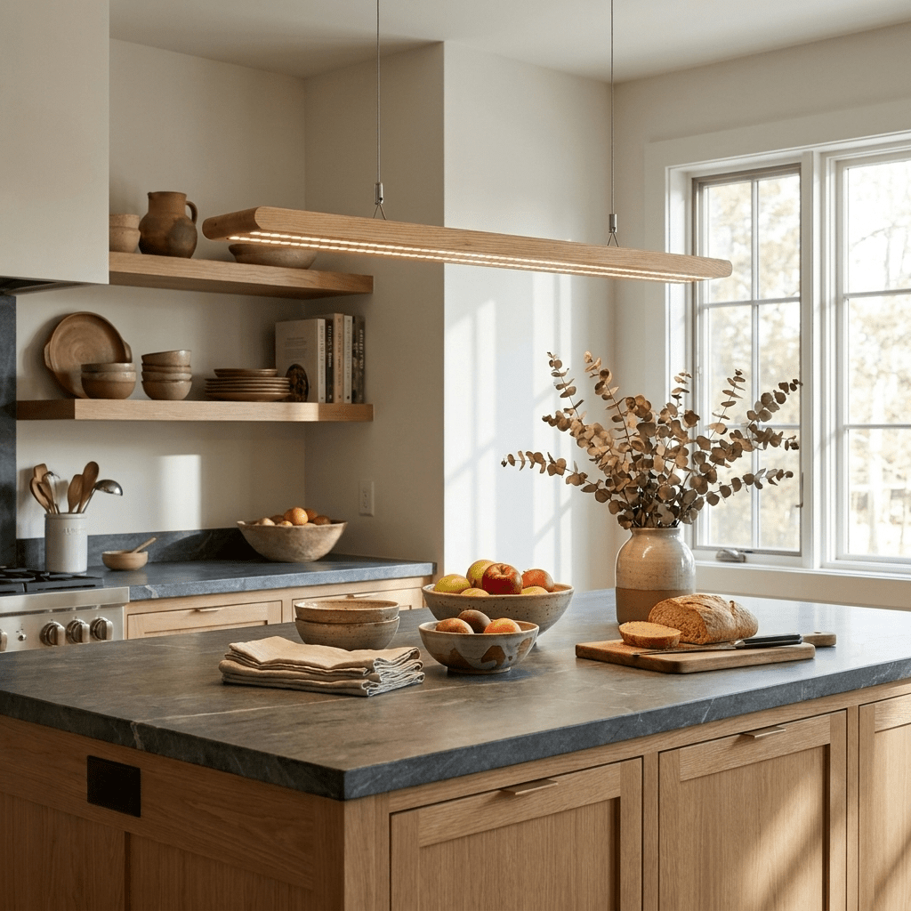 Dual lineare Pendelleuchte aus Holz mit Lamellen