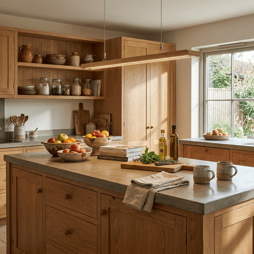 Dual lineare Pendelleuchte aus Holz mit Lamellen