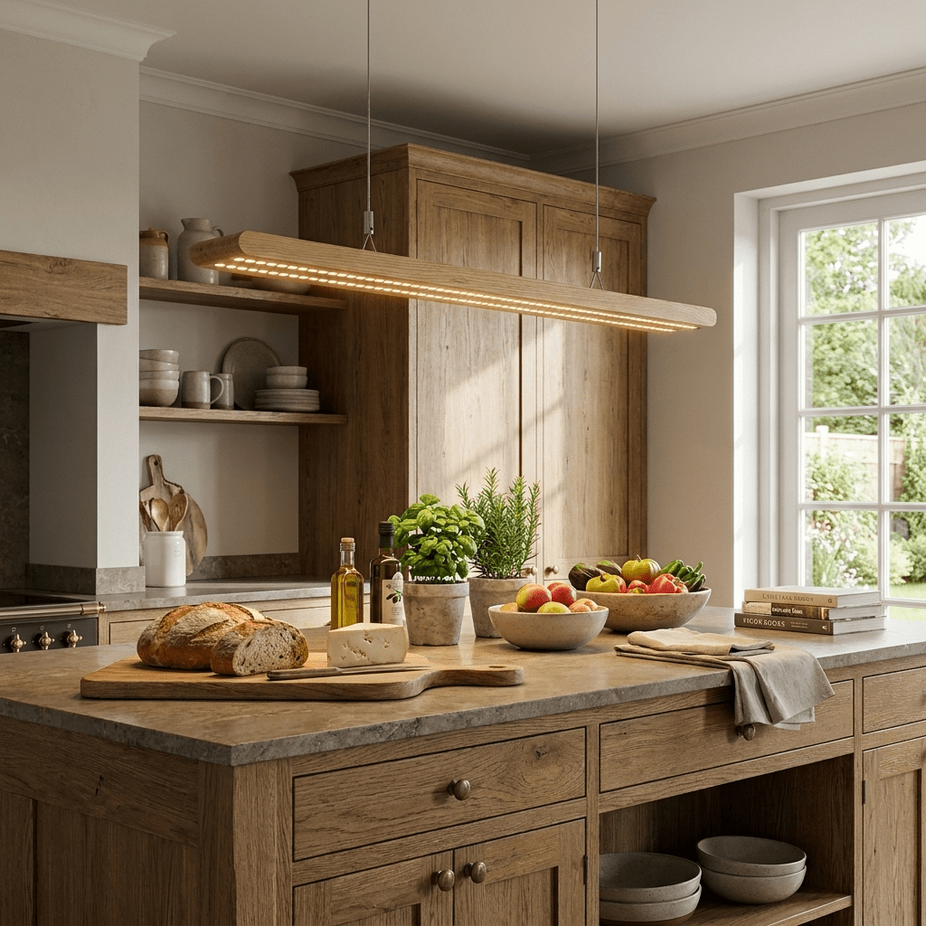 Dual lineare Pendelleuchte aus Holz mit Lamellen