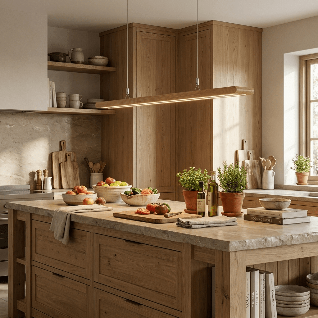 Dual lineare Pendelleuchte aus Holz mit Lamellen