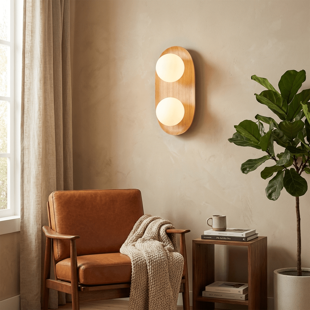 Twin Orb Oak Wandleuchte aus Holz