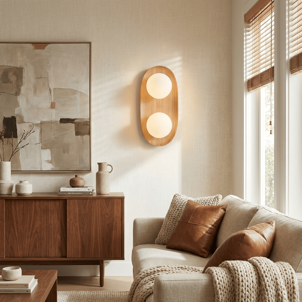 Twin Orb Oak Wandleuchte aus Holz