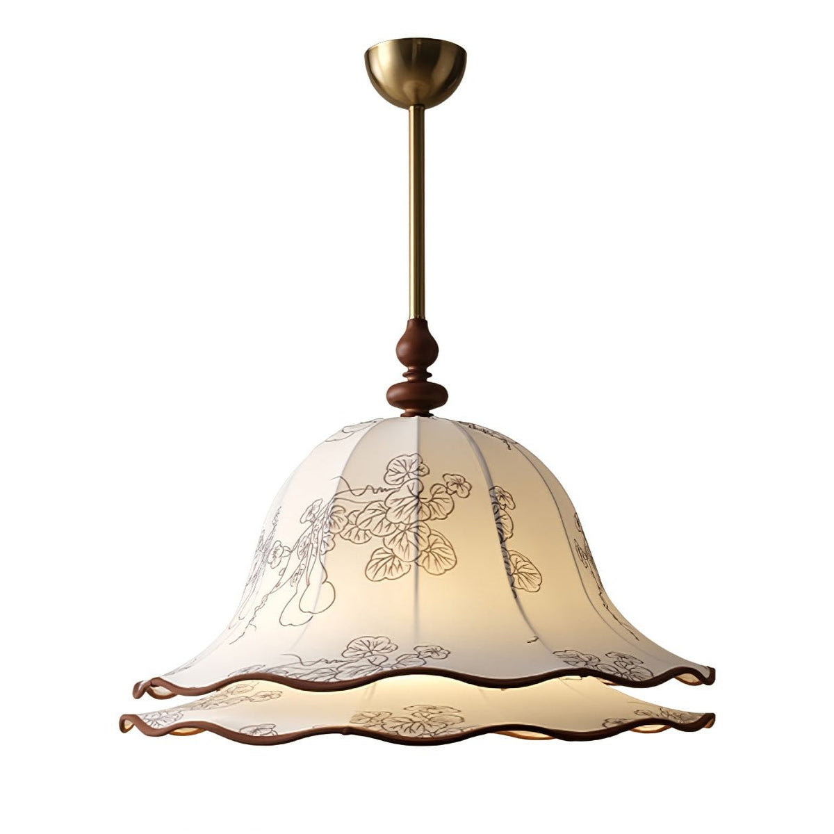 Ilsilis traditionelle Eleganz Blumengestellter Stoff-Holz-Pendelleuchte