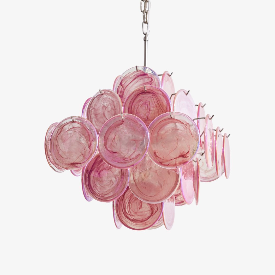 Celeian Kronleuchter aus rosa irisierendem Glas in geschichteter romantischer Form