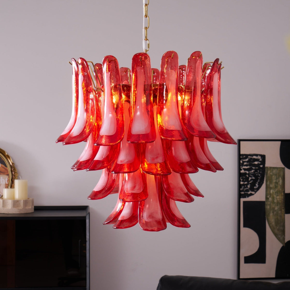 Celarine Kronleuchter aus rotem Petal-Glas in geschichteter Kunstform