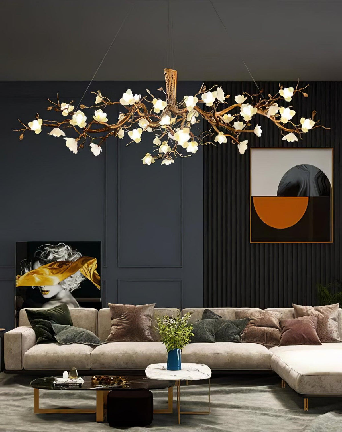 Tominex Kronleuchter im postmodernen luxuriösen Stil aus Messing und Keramik in Blumenform