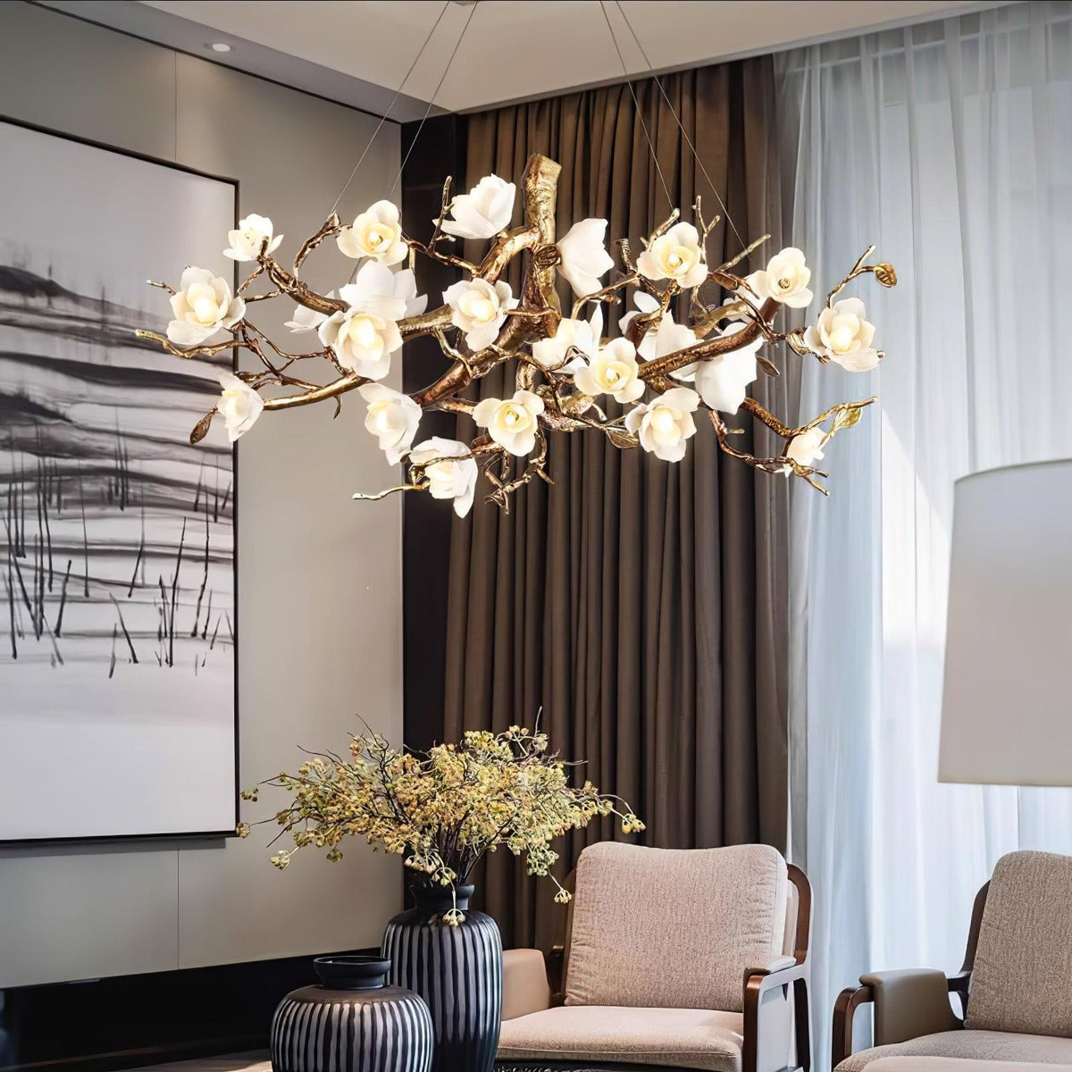Tominex Kronleuchter im postmodernen luxuriösen Stil aus Messing und Keramik in Blumenform