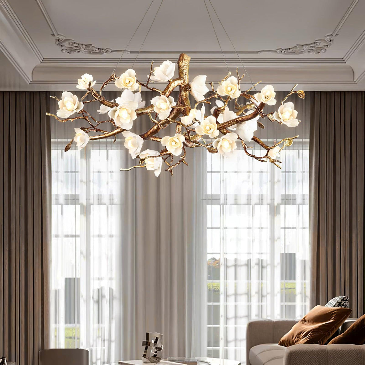 Tominex Kronleuchter im postmodernen luxuriösen Stil aus Messing und Keramik in Blumenform