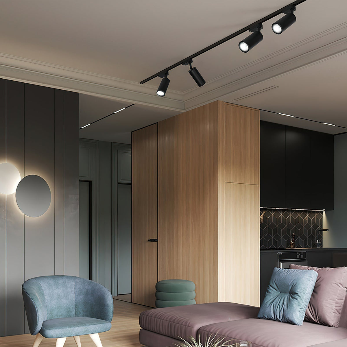 Bera Track Light vergoldete zylindrische Leuchte zeitgenössisch für Wohnzimmer Küche
