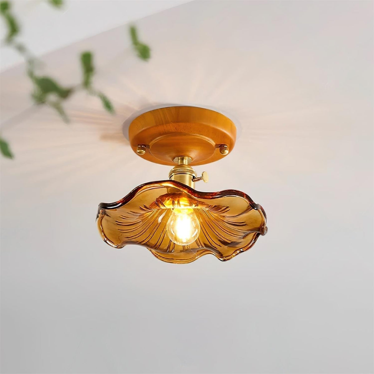 Deckenleuchte Holzbaldachin Messing & Glaslampenschirm Vintage Blumendruck Landhausstil