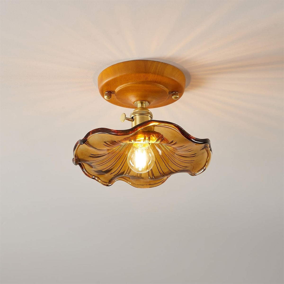 Deckenleuchte Holzbaldachin Messing & Glaslampenschirm Vintage Blumendruck Landhausstil