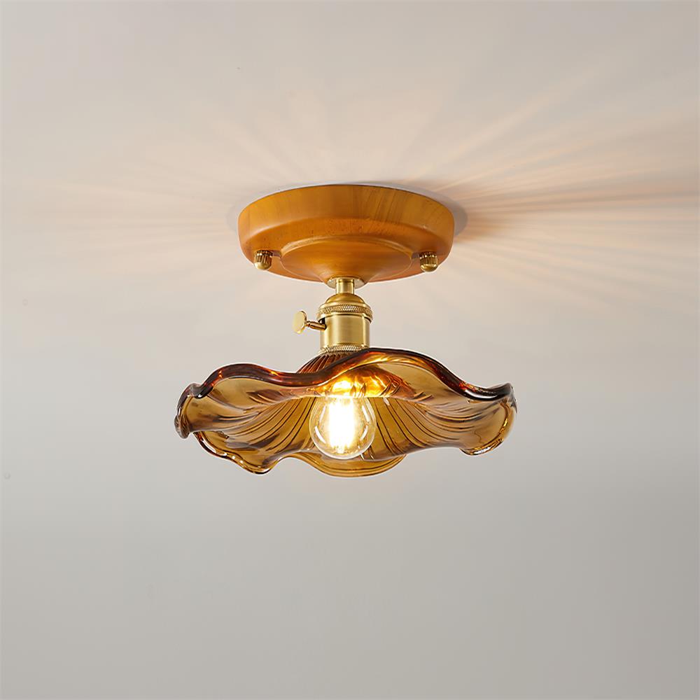 Deckenleuchte Holzbaldachin Messing & Glaslampenschirm Vintage Blumendruck Landhausstil