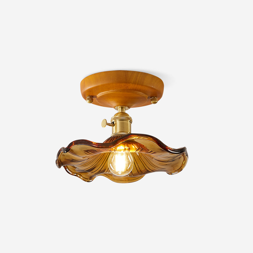 Deckenleuchte Holzbaldachin Messing & Glaslampenschirm Vintage Blumendruck Landhausstil