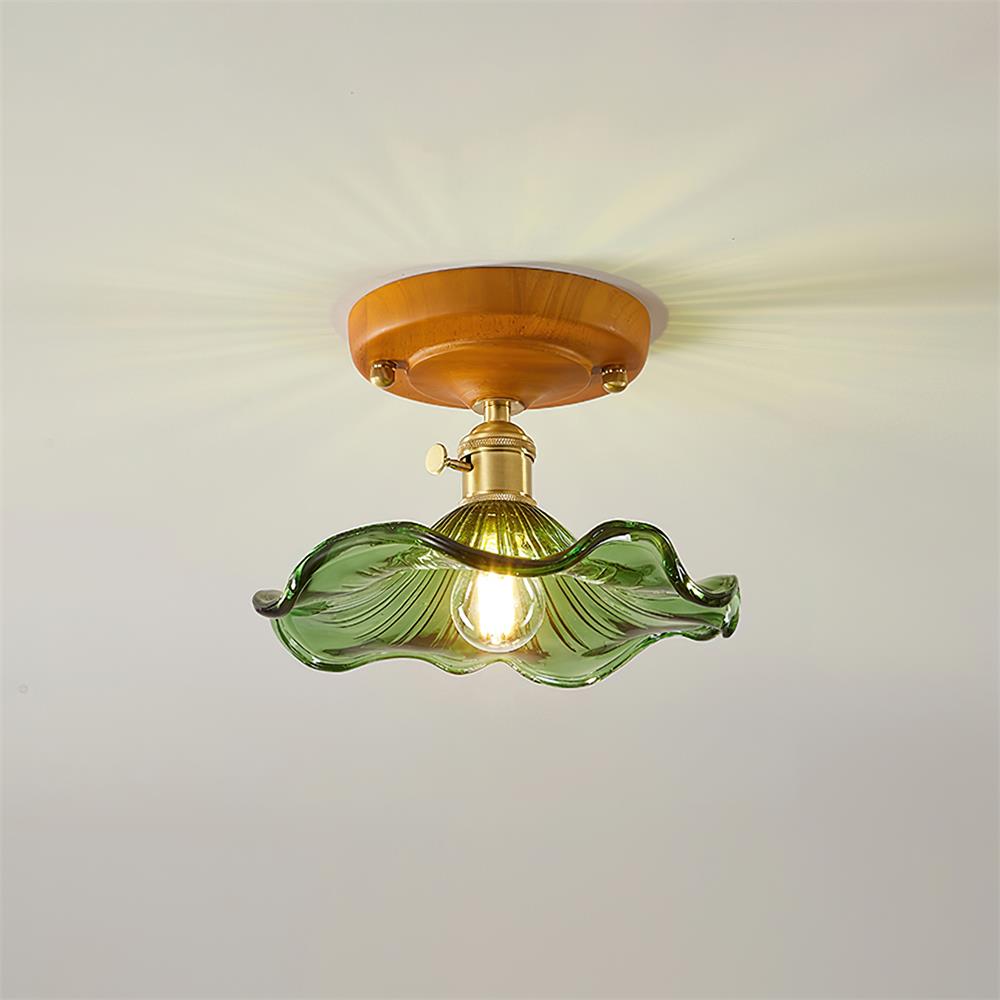 Deckenleuchte Holzbaldachin Messing & Glaslampenschirm Vintage Blumendruck Landhausstil