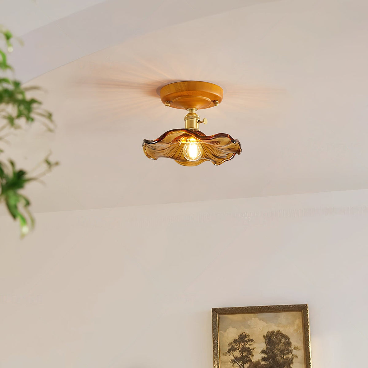 Deckenleuchte Holzbaldachin Messing & Glaslampenschirm Vintage Blumendruck Landhausstil