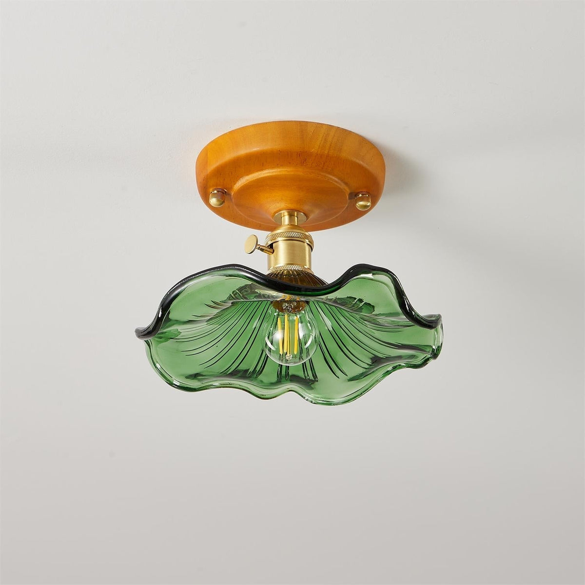 Deckenleuchte Holzbaldachin Messing & Glaslampenschirm Vintage Blumendruck Landhausstil