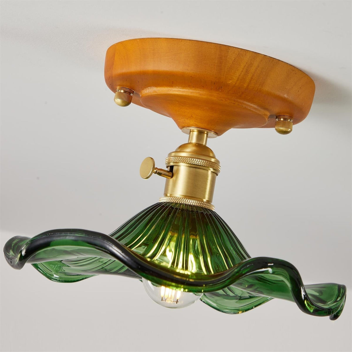 Deckenleuchte Holzbaldachin Messing & Glaslampenschirm Vintage Blumendruck Landhausstil