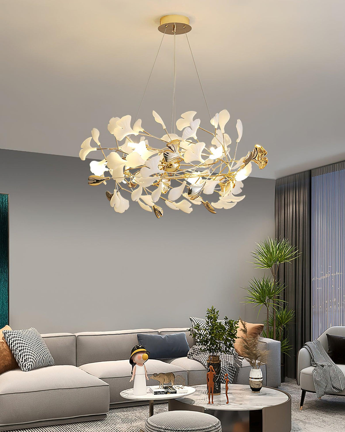 Quiven Kronleuchter Gingko-Blatt Keramik Gold Elegant