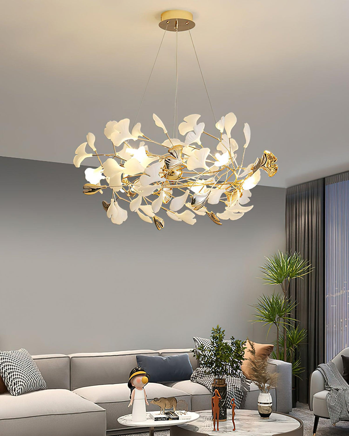 Quiven Kronleuchter Gingko-Blatt Keramik Gold Elegant