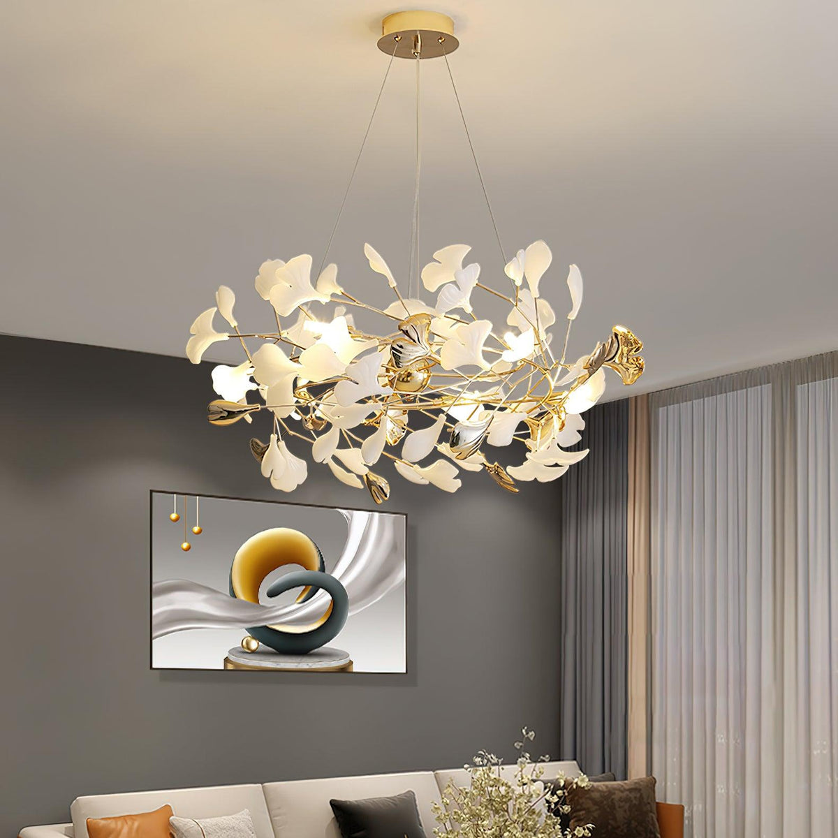 Quiven Kronleuchter Gingko-Blatt Keramik Gold Elegant