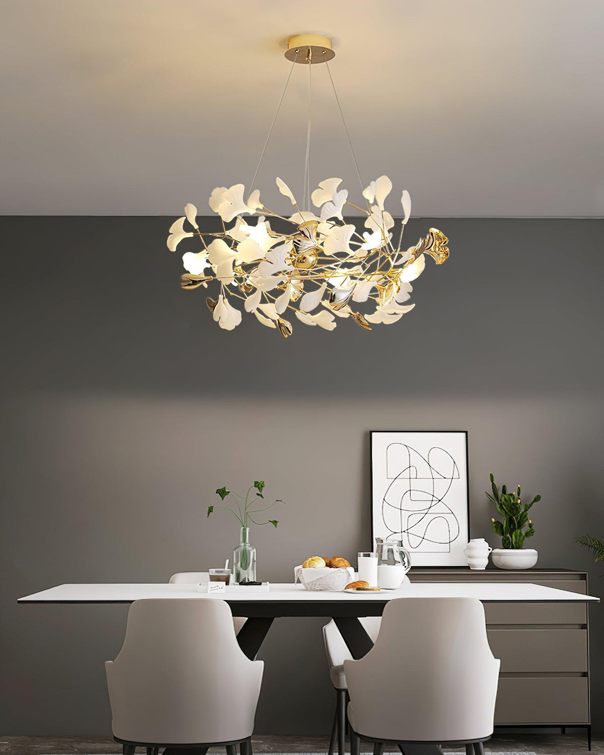 Quiven Kronleuchter Gingko-Blatt Keramik Gold Elegant