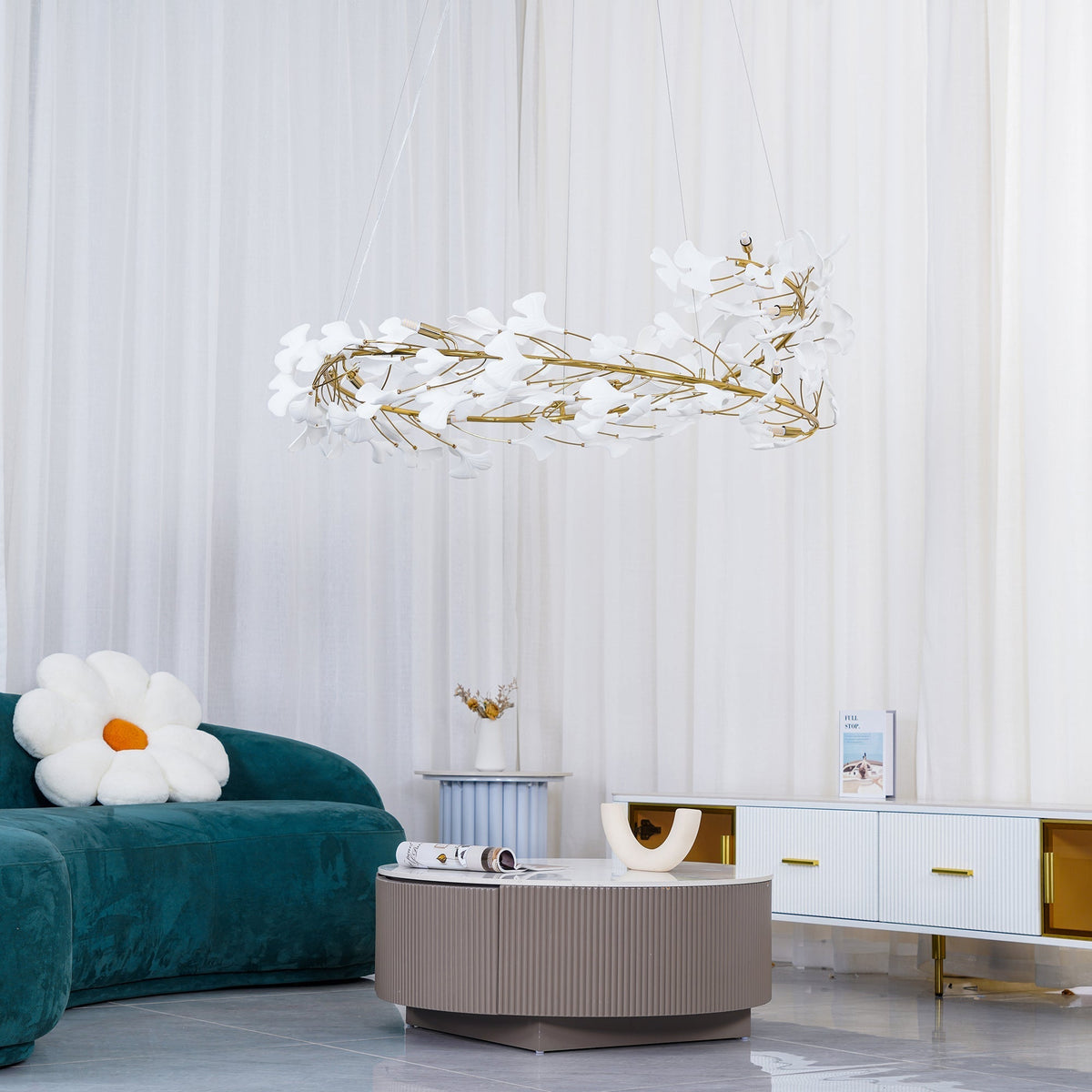Umberis Pendelleuchte Gingko Porzellanblätter Gold