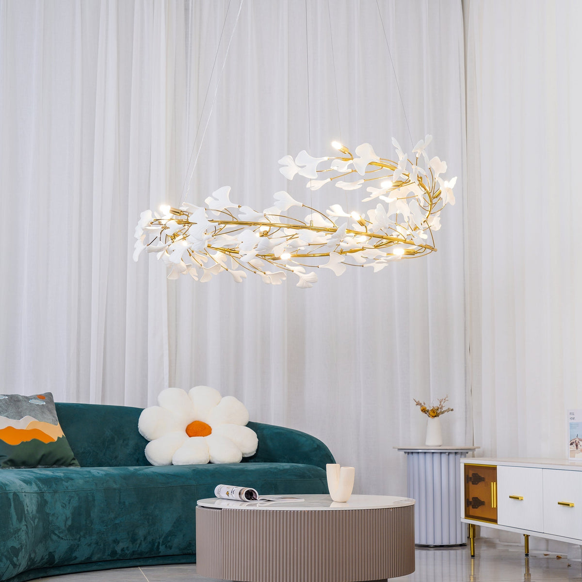 Umberis Pendelleuchte Gingko Porzellanblätter Gold
