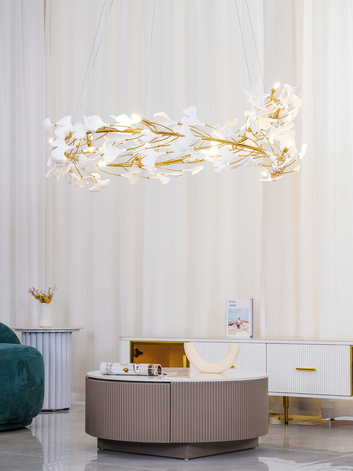 Umberis Pendelleuchte Gingko Porzellanblätter Gold