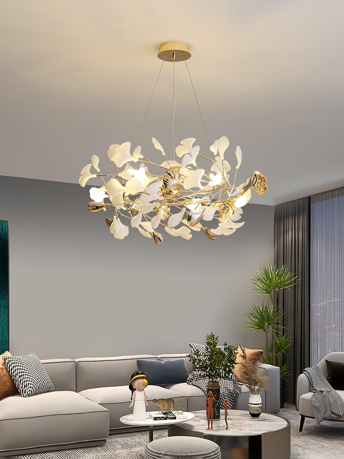 Quiven Kronleuchter Gingko-Blatt Keramik Gold Elegant