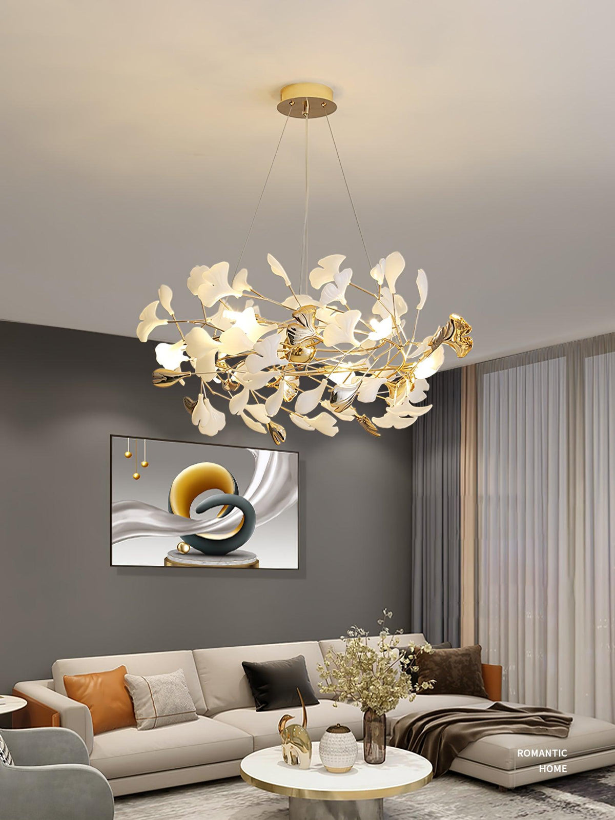 Quiven Kronleuchter Gingko-Blatt Keramik Gold Elegant