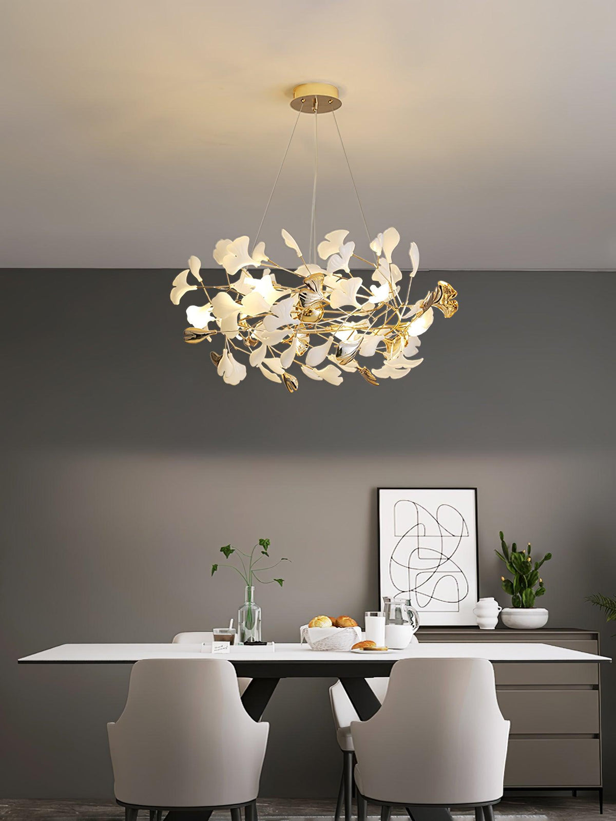 Quiven Kronleuchter Gingko-Blatt Keramik Gold Elegant