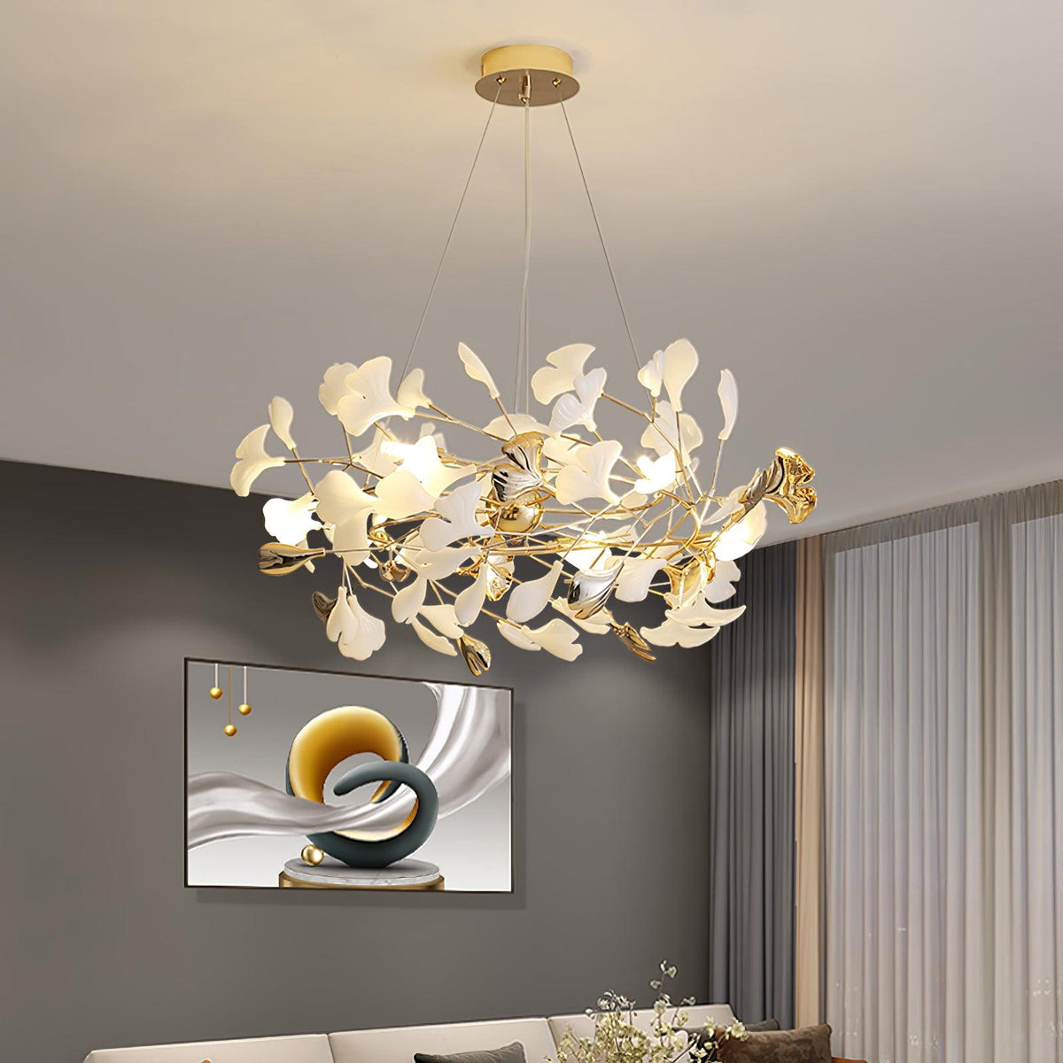 Quiven Kronleuchter Gingko-Blatt Keramik Gold Elegant