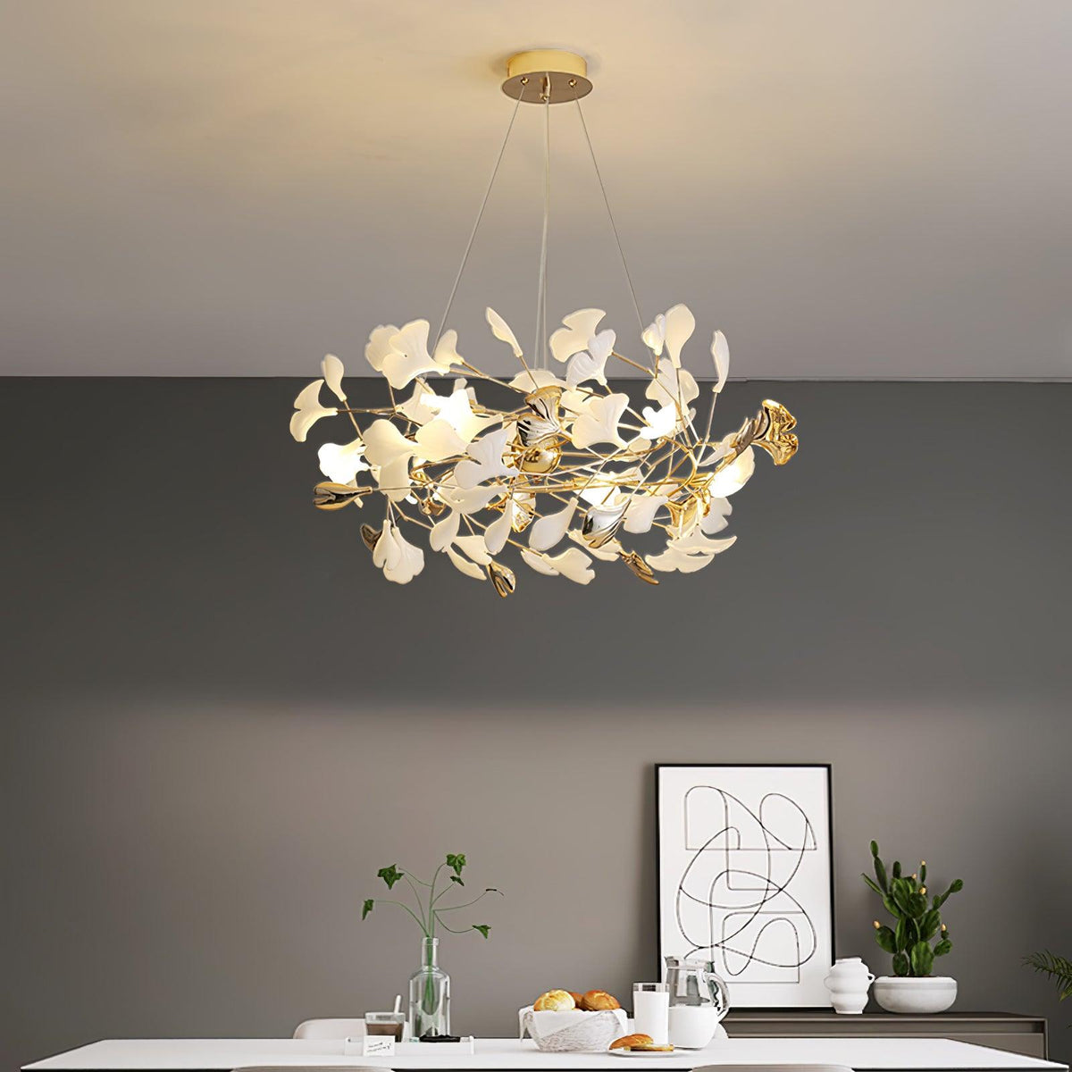 Quiven Kronleuchter Gingko-Blatt Keramik Gold Elegant