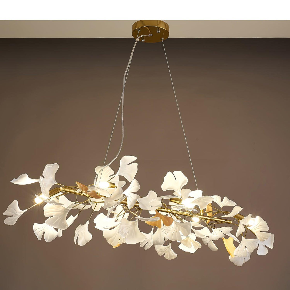 Kronleuchter Metallrahmen Keramik Gingko Weiß Gold Schirm Moderne Kunst