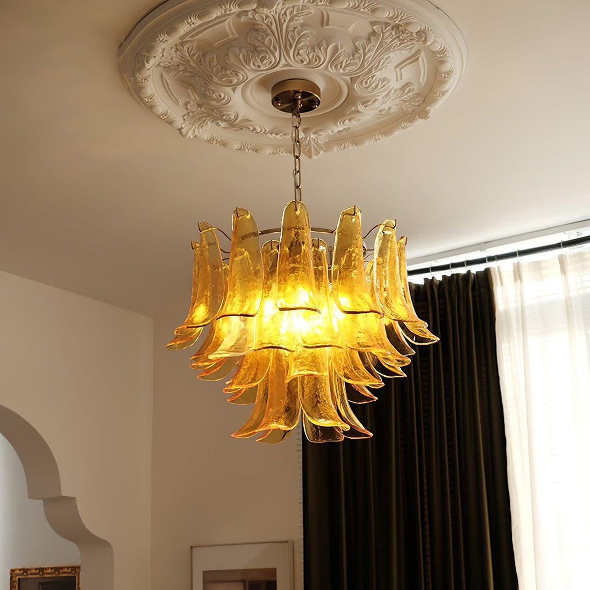 Elvess Kronleuchter Murano-Glas-Blätter Gold
