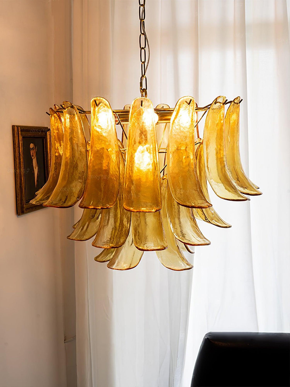 Elvess Kronleuchter Murano-Glas-Blätter Gold