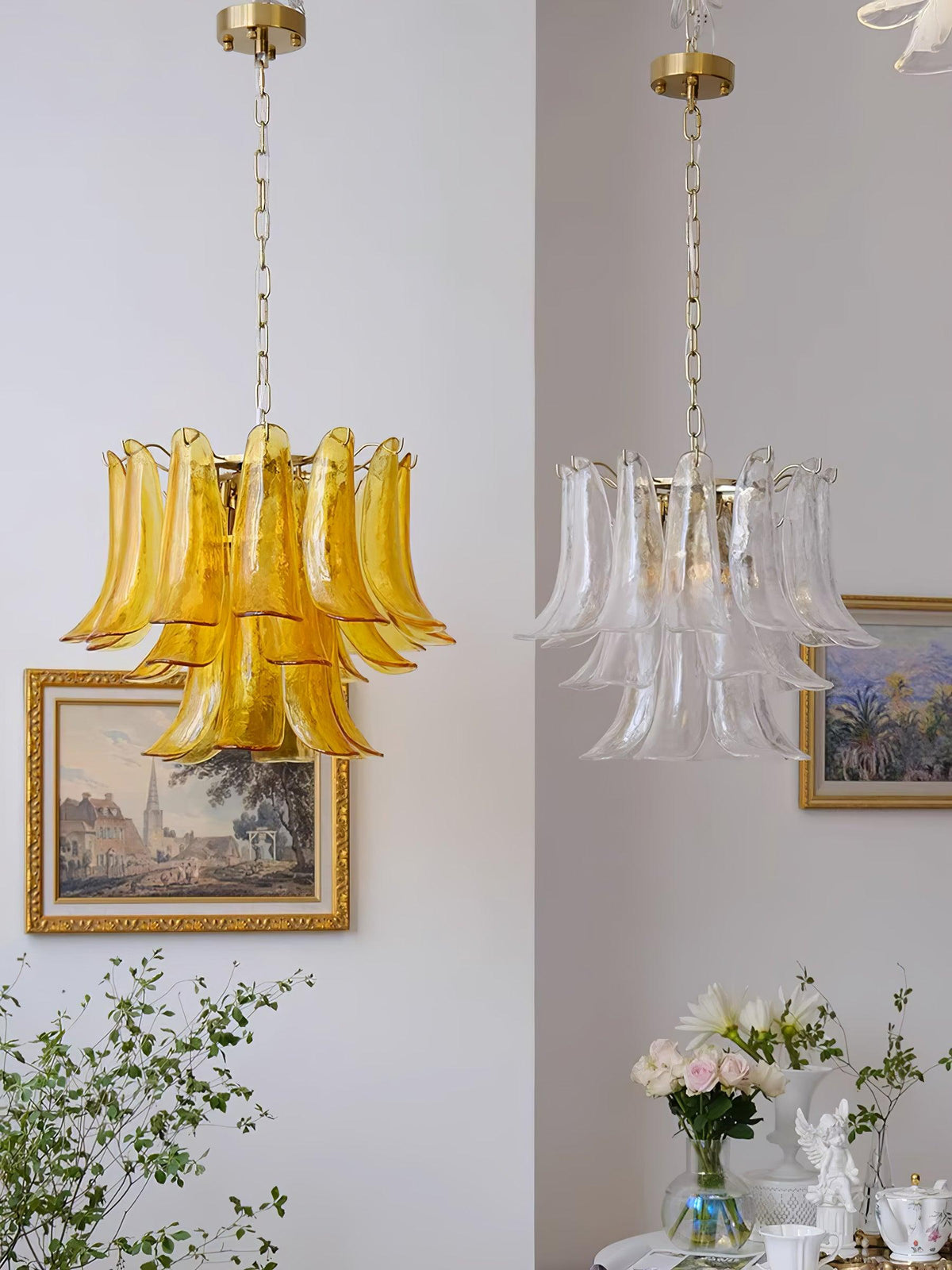 Elvess Kronleuchter Murano-Glas-Blätter Gold