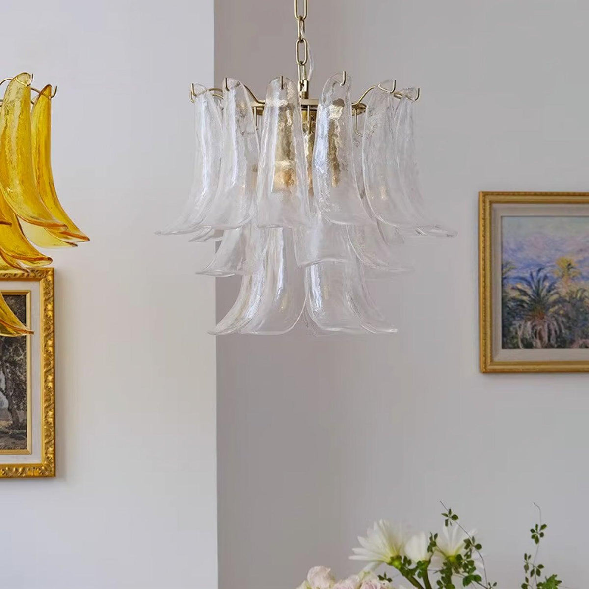 Elvess Kronleuchter Murano-Glas-Blätter Gold