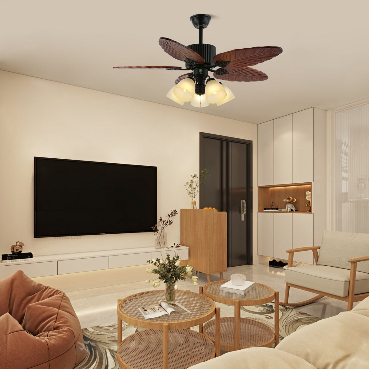 Syleelle Tropical Holz Glas Deckenventilator mit Beleuchtung