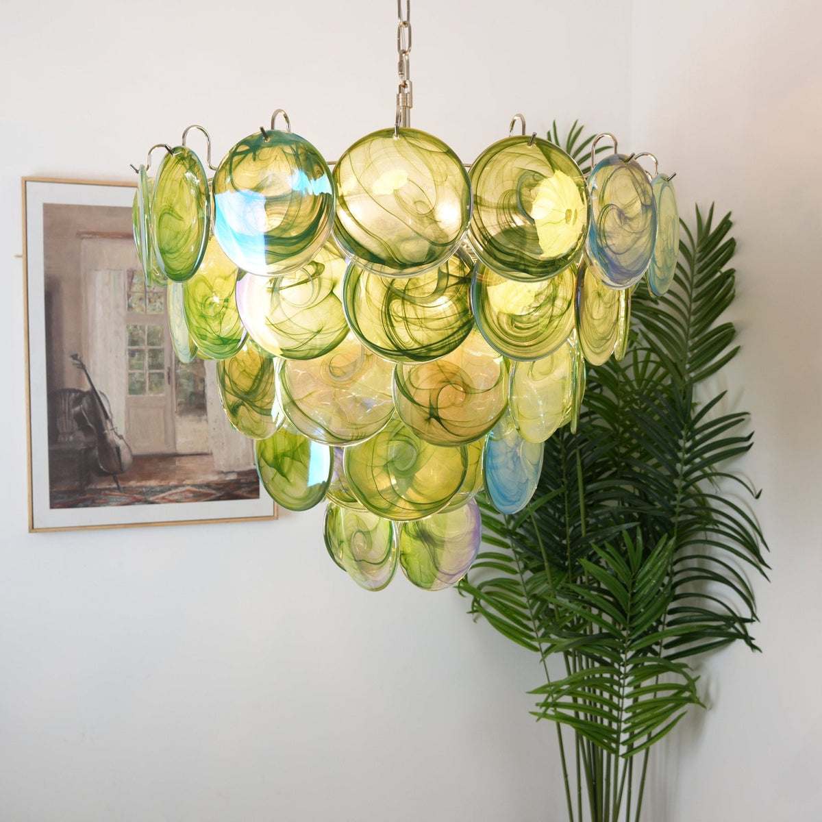 Lioraline Kronleuchter aus grünem Murano-Glas in Scheibenform zeitgenössisch