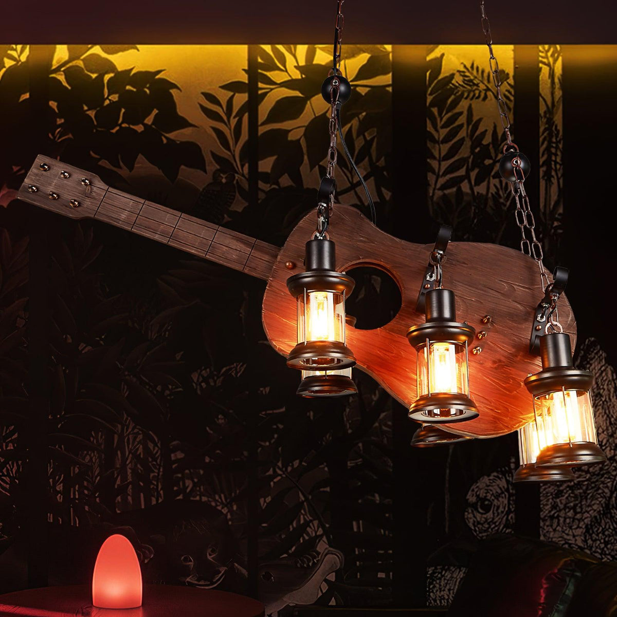 Elvisette Pendelleuchte Gitarrenform aus Holz im Vintage-Stil